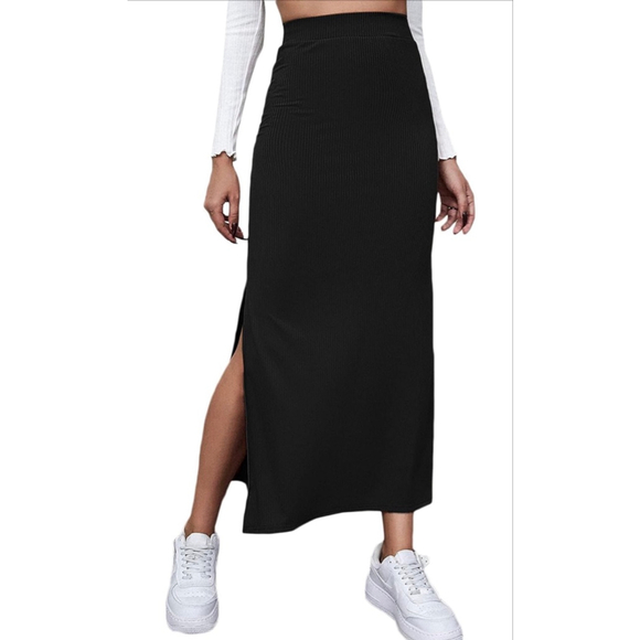 GORGLITTER Dresses & Skirts - NEW Split Ribbed Knit Bodycon High Waisted Side Slit Pencil Maxi Skirt S